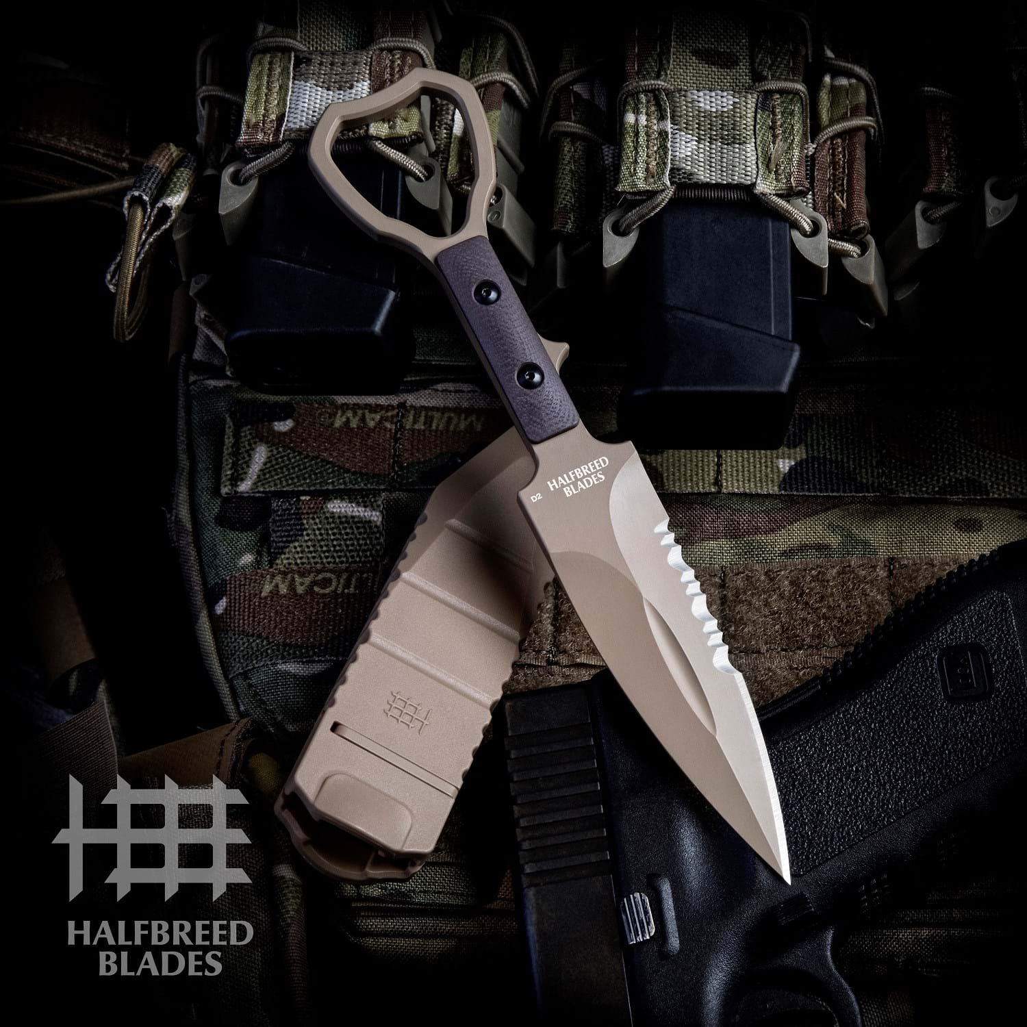 Halfbreed Blades Compact Clearance Fixed Blade Knife - 4.01 D2 OD Green  Combo Edge Dagger Blade, G10