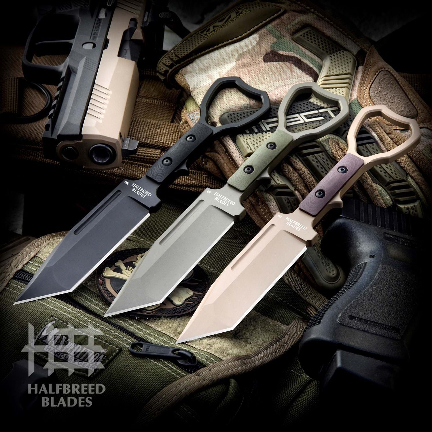 Halfbreed Blades Compact Clearance Fixed Blade Knife and Trainer Set 3.94  D2 Dark Earth Teflon Tanto Blade, G10 Handles, Injection Molded Sheath -  KnifeCenter - CCK-02 BUNDLE